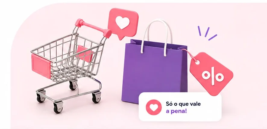 Carrinho de compras, sacola e etiqueta de desconto